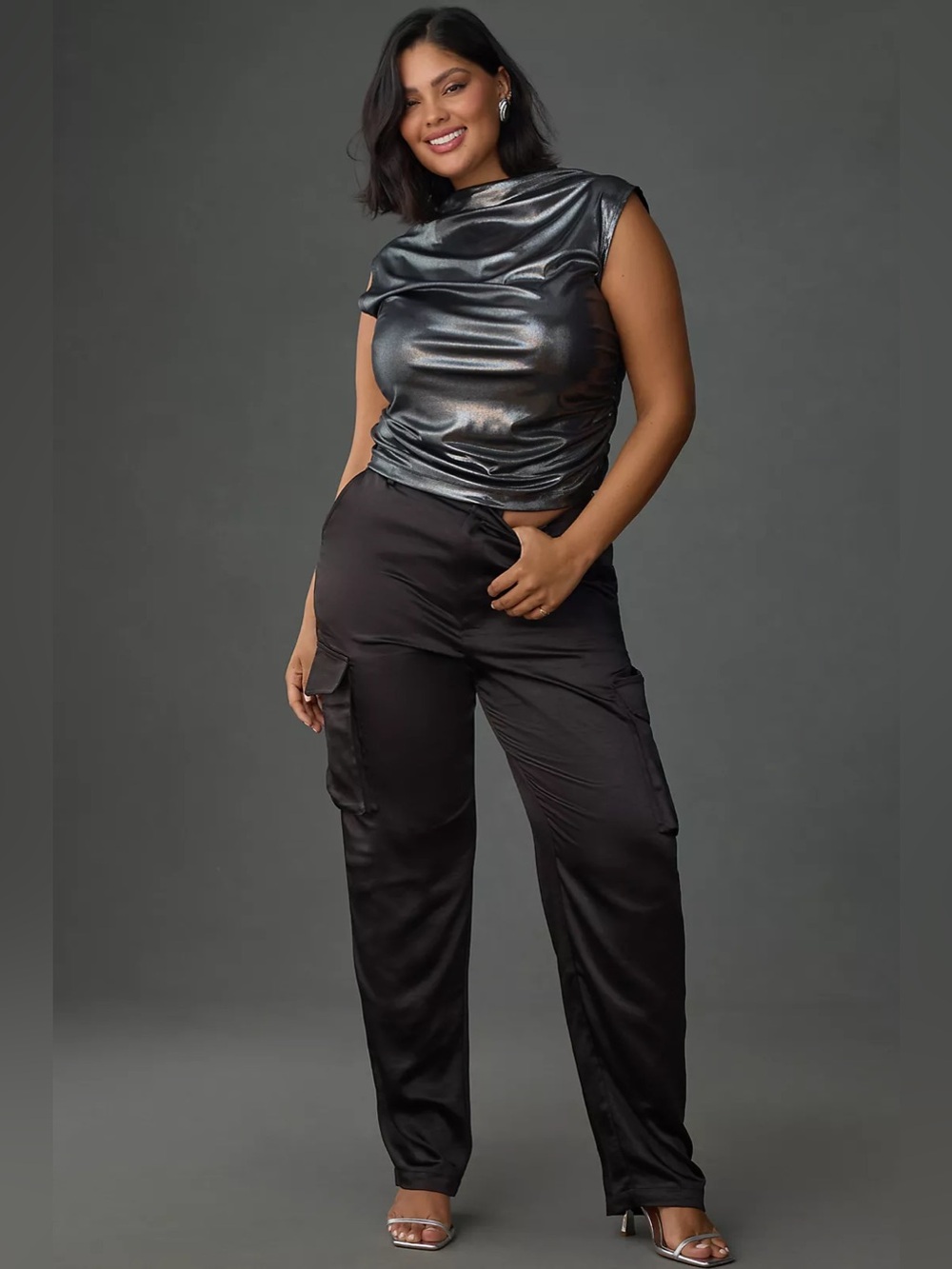 Anthropologie Good American Satin Cargo Pants Size 20 Solid Black Plus NWOT